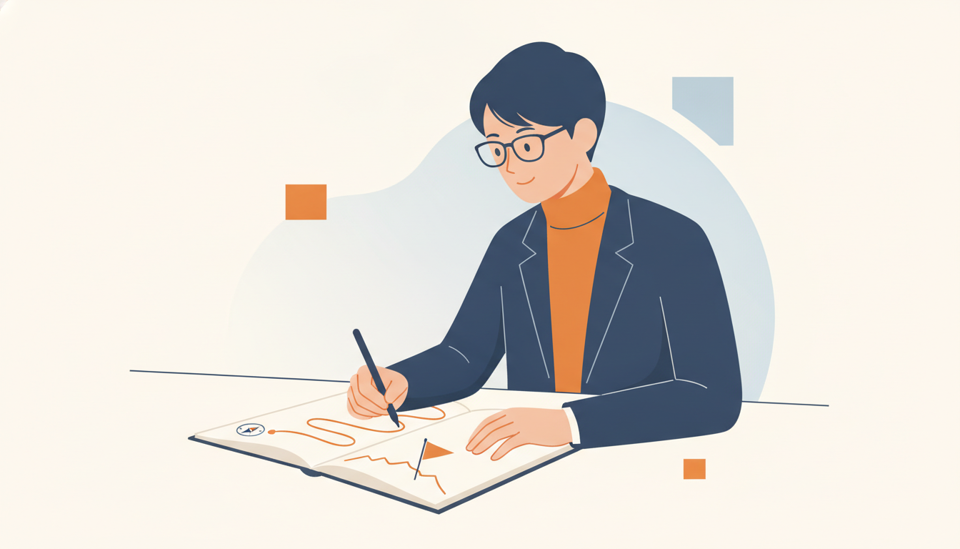 転職の志望動機を書きながら自分の転職の軸を整理するビジネスパーソンのイラスト